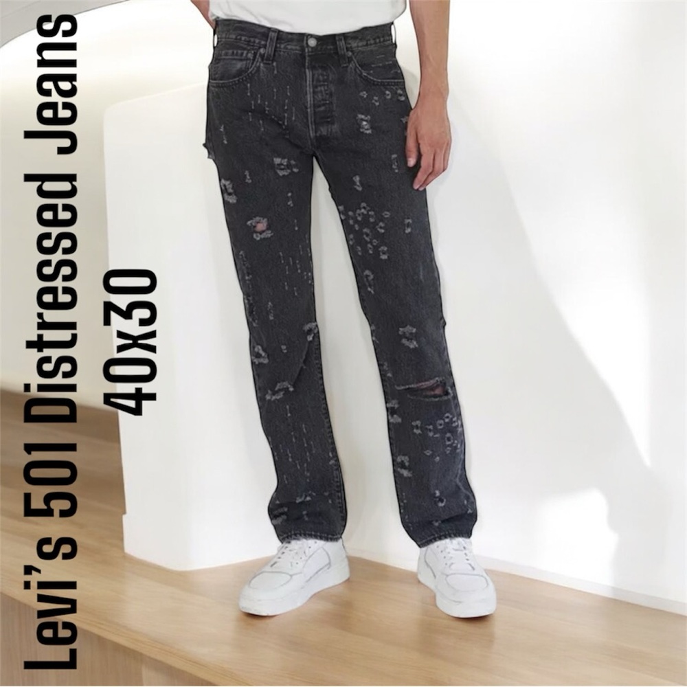 Levis Mens 501 Original Black Distressed Jeans Sz 40x30 NWT